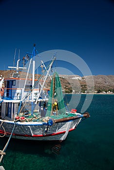 Greece, Cyclades, Amorgos island, fishing boat in Aegiali harbor