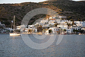 Greece, Cyclades, Amorgos island, Katapola harbor at sunset