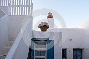 Greece, Cyclades. Folegandros island, White building with blue windows