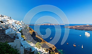 Greece. Cyclades Islands - Santorini Thira town with typical Cycladic architecture and view on the Caldera, Bay and