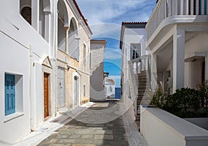 Greece, destination Andros island Chora town. Cycladic architecture, sea sun blue sky summer day