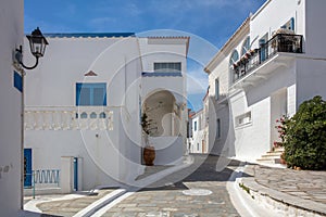 Greece, destination Andros island Chora town. Traditional Cycladic architecture, summer sunny day