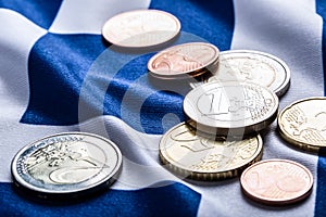 Greece and european flag and euro money. Coins and banknotes European currency freely lai