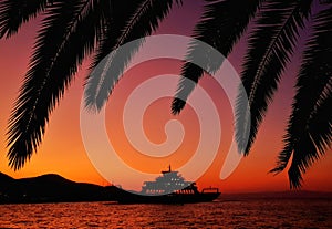 Greece ferry at sunset