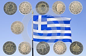 Greece flag and commemorative 2 euro coins