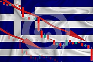 Greece flag, the fall of the currency against the background of the flag and stock price fluctuations. Crisis concept with falling