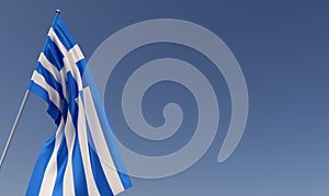 Greece flag on flagpole on blue background. Place for text. The flag is unfurling in wind. Greek, Athens. 3D illustration