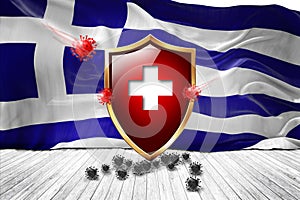 Greece flag with Metal Shiny red shield. virus protection, hygiene shield. virus Vaccine Protection aganst coronavirus, Health