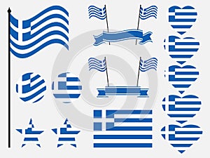 Greece flag set. Collection of symbols, flag in heart. Button and star. Vector