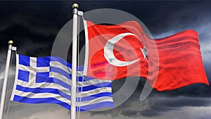 Greece flag and Turkey flag in front of cloudy sky