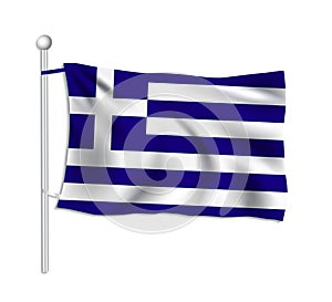 Greece flag waves on a flagpole, white background