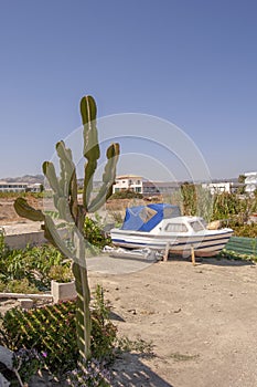 Greece garden with old boat