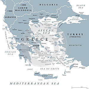 Greece, the Hellenic Republic, with capital Athens, gray political map