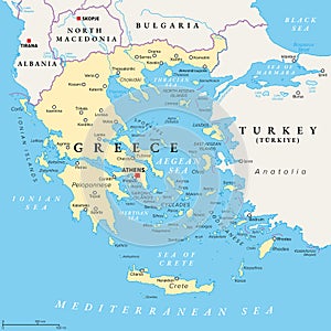 Greece, the Hellenic Republic, with capital Athens, political map