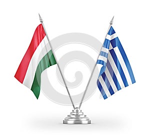 Greece and Hungary table flags isolated on white 3D rendering