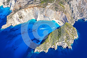 Greece iconic vacation picture. Aerial drone view of the famous Shipwreck Navagio Beach on Zakynthos island, Greece