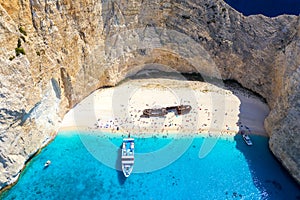 Greece iconic vacation picture. Aerial drone view of the famous Shipwreck Navagio Beach on Zakynthos island, Greece