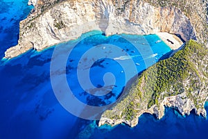 Greece iconic vacation picture. Aerial drone view of the famous Shipwreck Navagio Beach on Zakynthos island, Greece