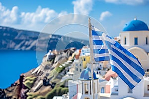 Greece independace day, Santorini and national flag in blue sky