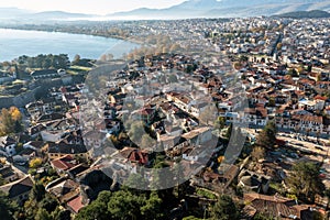 Greece, Ioannina Pamvotida Lake, Epirus. Aerial drone view of Giannena city