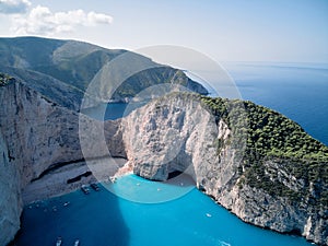 Greece ionian island Zakynthos. Navagio beach bay and cliffs aerial landscape