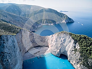 Greece ionian island Zakynthos. Navagio beach bay and cliffs aerial landscape