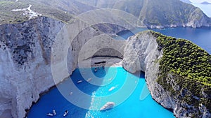 Greece ionian island Zakynthos. Navagio beach bay and cliffs aerial landscape