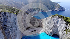 Greece ionian island Zakynthos. Navagio beach bay and cliffs aerial landscape