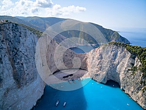 Greece ionian island Zakynthos. Navagio beach bay and cliffs aerial landscape