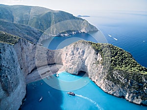 Greece ionian island Zakynthos. Navagio beach bay and cliffs aerial landscape