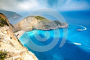Greece island beach, blue sea and white cliff, travel destination, Greece, Ionian islands