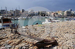 Greece, the island of Crete. The harbour at the port city and capital, Heraklion.