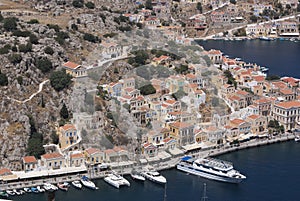 Greece, the island of Symi. Neo classaical buildings at the harbor.