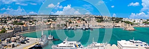 Greece Islands, scenic panoramic sea views of Rhodes island from docked cruise ship