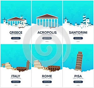 Greece, Italy. Time to travel. Set of Travel posters. Vector flat illustration.