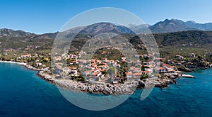 Greece, Kardamili town, Mani aerial view. Stone building and nature. Blue sky and sea