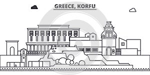 Greece, Korfu line skyline vector illustration. Greece, Korfu linear cityscape with famous landmarks, city sights