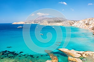 Greece landscape. Aerial seascape at the day time. Bay and rocks. Blue water background in the summer. Sea and beach.