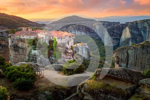 Greece, Meteora Monasteries. Panoramic view of the Holy Monastery of Varlaam, located on the edge of a high cliff. Beautiful