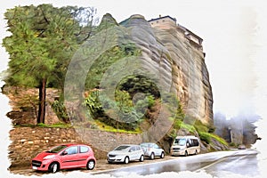 Greece. Meteora. Monastery on a rock. Road. Imitation of a picture. Oil paint. Illustration