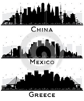 Greece, Mexico and China City Skyline Silhouette Set