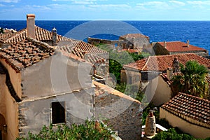 Greece monemvasia traditional view of stone houses with sea background