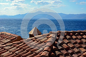 Greece monemvasia traditional view of stone houses with sea and mountains background