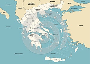 Greece provinces and regions vector map with neighbouring countries and territories photo