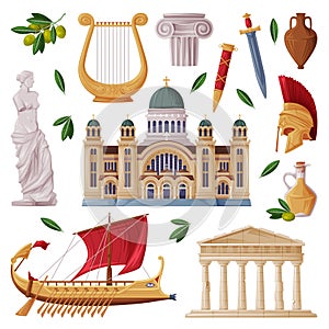 Greece Object and Traditional Cultural Symbol with Trireme and Cathedral Vector Set