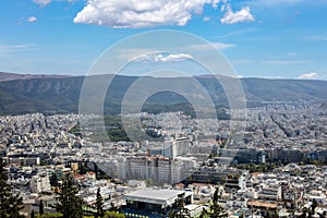 Greece. Panoramic view of Athens city, blue sky background. Above view from Lycabettus hill