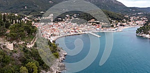 Greece Parga Epirus. Aerial drone view of coastal Ionian city traditional building nature background