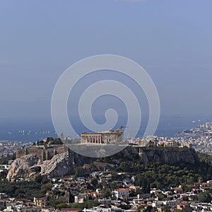 Greece, Parthenon on Acropolis hill and the athenian riviera as a distant background