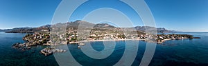 Greece Peloponnese. Stoupa seaside village and beach, aerial panorama view. Mani, Messenia