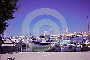 Greece,Port of Aegina town with yachts and fishermen boats docked in Aegina island, Saronic gulf, Greece